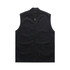 A black heavy vest with a zip front and two large pockets. It features a logo on the fabric.