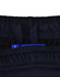 A close-up of navy blue sports shorts, featuring an interior waistband with adjustment tags and a logo.