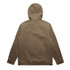 A heavy hooded jacket in a brown colour, featuring a hood and a simple design. It has a logo on it.