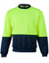 Hi-Vis two-tone windcheater in fluorescent yellow and navy, featuring a crew neck and ribbed cuffs. It has a logo.