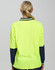 A high-visibility long-sleeve safety polo in bright yellow with navy blue sleeves. Features a collar and logos.