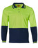 A long-sleeve safety polo shirt in bright green with navy blue accents and a chest pocket, featuring a logo.