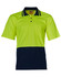 A bright yellow and navy short-sleeved safety polo shirt with a pocket and a logo.
