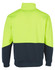 A two-toned long-sleeve windcheater collar in high visibility yellow and navy blue with a logo.