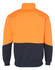 A high-visibility long-sleeve windcheater with an orange upper and navy lower section, featuring a collar.