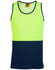 A Hi-Vis safety singlet featuring a bright yellow upper section and a navy blue lower section, with a tag inside.