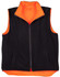 A reversible safety vest featuring a black exterior and bright orange interior, designed with pockets and a zip front.