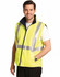A hi-vis yellow reversible safety vest featuring hoop pattern 3M tapes, designed with a navy collar and a pocket.