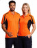 A men's and women's work polo shirt in bright orange with black detailing and a logo. Suitable for workwear.