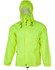 A bright yellow spray jacket with a hood and adjustable drawstrings, featuring a front pocket and a logo.