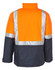 A high-visibility two-tone rainproof quilted safety jacket in orange and navy, featuring reflective 3M tapes and a collar.