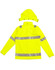 A bright yellow hooded softshell jacket featuring reflective strips and a detachable hood. Includes branding.