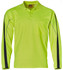 A long-sleeved hi-vis polo shirt in bright yellow with black accents and a pocket. It features a logo.