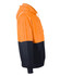 A hi-vis two-tone hoodie featuring an orange upper and navy lower section, with a kangaroo pocket and a hood.