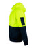 A hi-vis two-tone hoodie in bright yellow and navy blue, featuring a kangaroo pocket and an arm patch.
