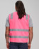 A pink safety vest with grey reflective tapes, featuring a logo, designed for high visibility.