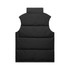 A black puffer vest with a high collar and no sleeves, featuring a logo on the back.