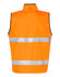 A safety vest in bright orange with reflective silver strips, featuring a reversible mandarine collar and branding.