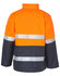A high-visibility long line safety jacket in orange and navy, featuring reflective 3M tape stripes. It has a logo.