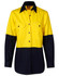 A ladies' long-sleeve safety shirt featuring a high-visibility yellow and navy blue design, with pockets and a logo.