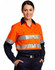 A women's long-sleeve safety shirt in bright orange with silver reflective tape and navy blue accents. Features a logo.
