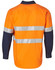 A long-sleeved safety shirt in bright orange with dark blue sleeves and reflective tape. It has a logo on the back.