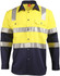 A two-tone safety shirt in bright yellow and navy blue with reflective tape and a logo. Features long sleeves and pockets.