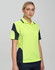 A bright yellow polo shirt with navy accents and a logo, designed for workwear safety.