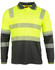 A long-sleeved safety polo in bright yellow with grey sections and reflective stripes. Features a pocket and logo.