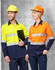 A Hi-Vis long-sleeve safety shirt in yellow and navy, and an orange variant, both featuring segmented reflective tape.