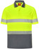 A unisex cooldry segmented safety polo shirt in bright yellow with grey stripes and a pocket. It features a logo.