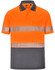 A vibrant orange and grey polo shirt with reflective strips and a chest pocket, featuring a logo.