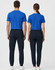 Adults' poly/cotton terry sweat pants in navy, featured on two models wearing blue tops, with a logo on the pants.