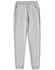 Grey poly/cotton terry sweat pants with two side pockets and ribbed cuffs. Features a logo.