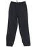 Black track pants with a drawstring waist and a back pocket, featuring elasticised cuffs and a simple design.