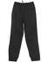 Black warm-up pants with an elastic waistband and fitted cuffs, featuring a back pocket and a logo.