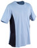 A light blue short sleeve T-shirt with navy contrast side panels and a logo.