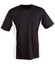 A short sleeve T-shirt in black with white contrast side panels. It features a logo on the front.