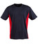 A short sleeve tee featuring a black body with red contrast panels and a logo.