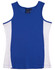 A blue singlet with white contrast panels and a brand logo on the neckline.