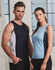 A male and female model wearing contrasting singlets in navy and light blue, both featuring a logo.
