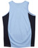 A light blue men's singlet with dark blue mesh contrast panels, featuring a branding logo on the back.