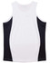 A men's singlet featuring a white front and contrasting black side panels, with a logo on the back.