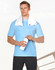 A man stands holding a white drink bottle, wearing a light blue short sleeve tee and a towel draped around his neck.