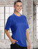A woman wearing a blue short sleeve tee with a relaxed fit, featuring a logo on the front.