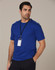 A men's semi-fitted t-shirt in royal blue, featuring short sleeves and a tag attached.