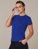 A blue semi-fitted cotton tee with short sleeves, displayed on a model wearing glasses. The tee features a logo.
