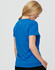 A blue women's short-sleeve performance t-shirt featuring a logo and a relaxed fit.