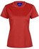 A red ladies' lightweight performance short sleeve tee with a logo on the neckline.