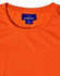 An orange ladies' performance T-shirt featuring a round neckline and a logo tag.